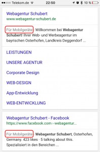 Kennzeichnung mobiler Webseiten auf google.de am Beispiel der Webagentur Schubert